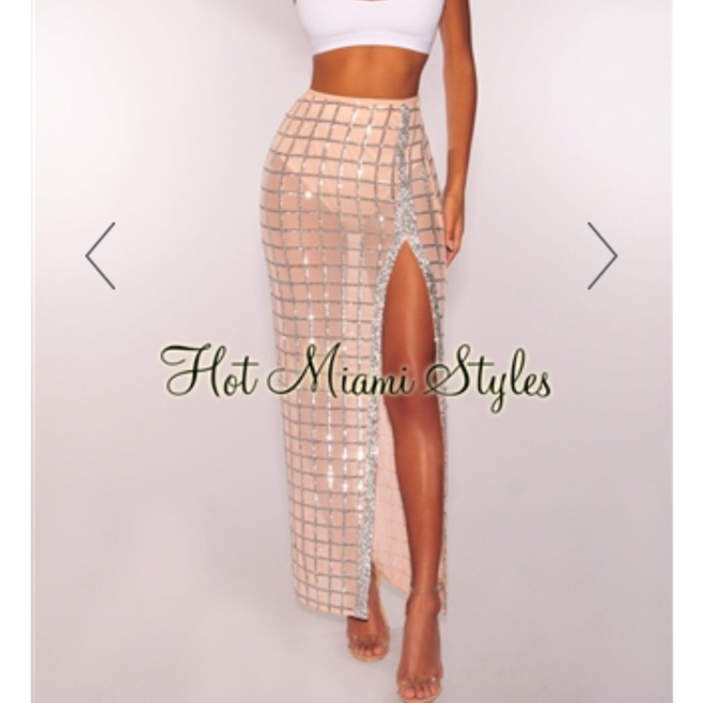 Nude caged silver sequin skirt